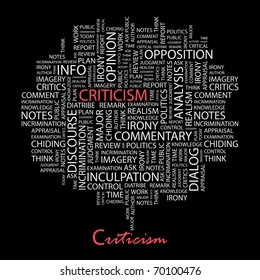 CRITICISM. Word collage on black background. Illustration with different association terms.