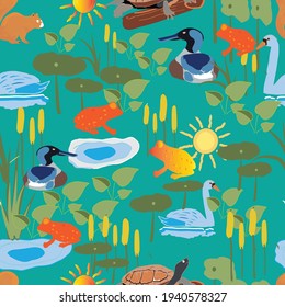 Critters in the ponds. Illustration of frogs, turtle, swan, ducks, and lily pads in vibrant color palette. Designed in seamless repeat pattern, ready for children's clothing or beddings. 