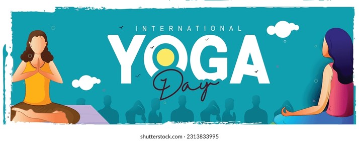 crivative design of International Yoga Day banner With Young woman Practicing Pose On abstract Background.