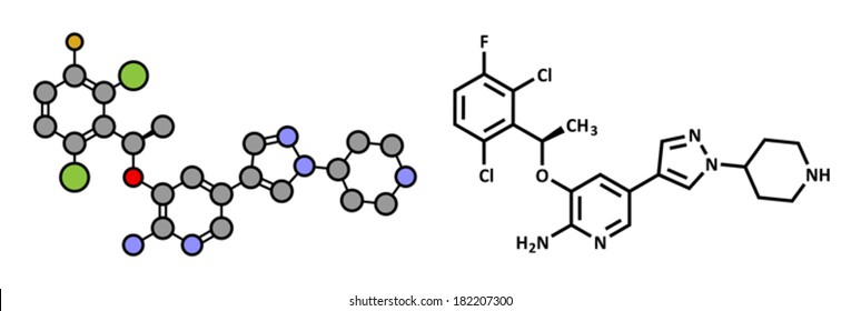 Crizotinib anti-cancer drug molecule. Inhibitor of ALK and ROS1 proteins. Atoms are represented as circles with conventional color coding: hydrogen (white), carbon (grey), oxygen (red), etc