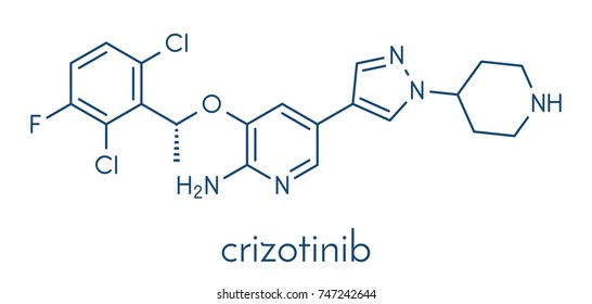Crizotinib anti-cancer drug molecule. Inhibitor of ALK and ROS1 proteins. Skeletal formula.
