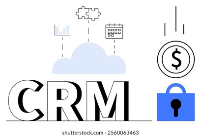 CRM abbreviation with a cloud symbol above. Above the cloud are puzzle pieces, a bar graph, and a calendar. On the right, security and financial icons. Ideal for CRM systems, data management