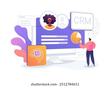 CRM mit AI-Generated Insights abstrakte Konzept Vektorgrafik. Vertrieb. Customer Relationship Management Systeme mit Einblicken in das Kundenverhalten. KI-Technologie. abstrakte Metapher.