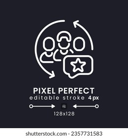 CRM apps white linear desktop icon on black. Marketing software. Customer relationship management. Pixel perfect 128x128, outline 4px. Isolated user interface symbol for dark theme. Editable stroke