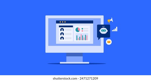 CRM automation, Business using artificial intelligence for management. CRM analytics for sales, marketing and customer support - vector illustration with icons