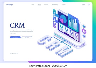 CRM banner. Concept of customer relationship management, marketing strategies and technologies for manage and development client interactions. Vector landing page with isometric illustration