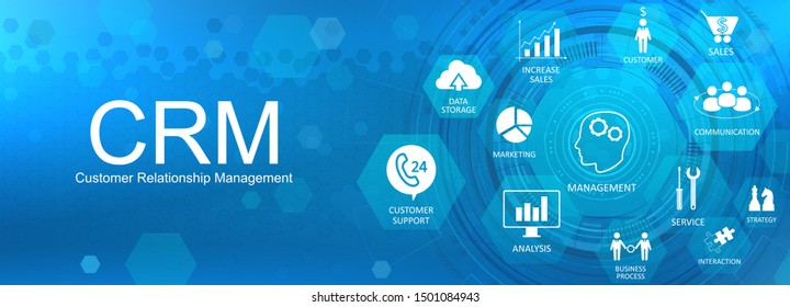 CRM banner. Customer relationship management concept background with icons and conceptuals keywords. Internet Business strategy. CRM concept, customer service and relationship. Vector image