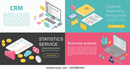 CRM banner set. Isometric set of CRM vector banner for web design