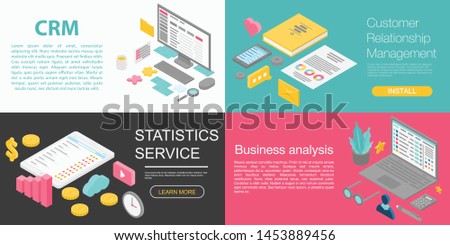 CRM banner set. Isometric set of CRM vector banner for web design