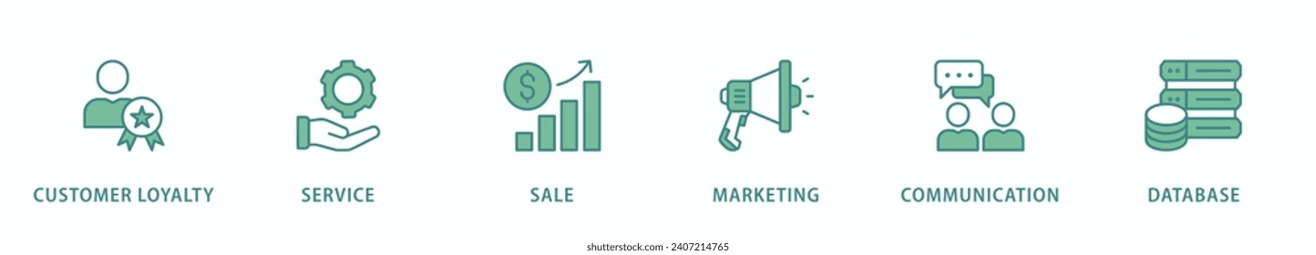CRM banner web icon vector illustration concept for customer relationship management with icon of customer loyalty, service, sale, marketing, communication, and database