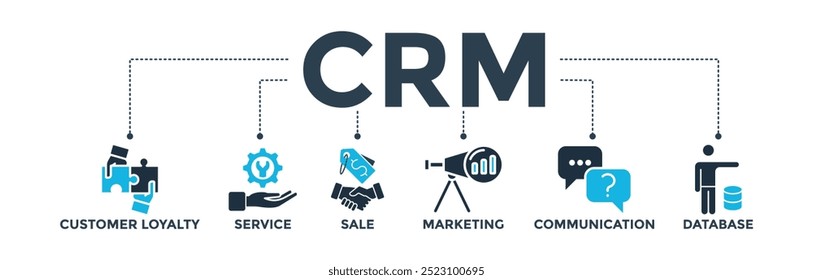 Concepto de Ilustración vectorial de ícono de Web de Anuncio de CRM para la gestión de relaciones con Clientes con ícono de lealtad del Cliente, servicio, venta, marketing, comunicación y base de datos
