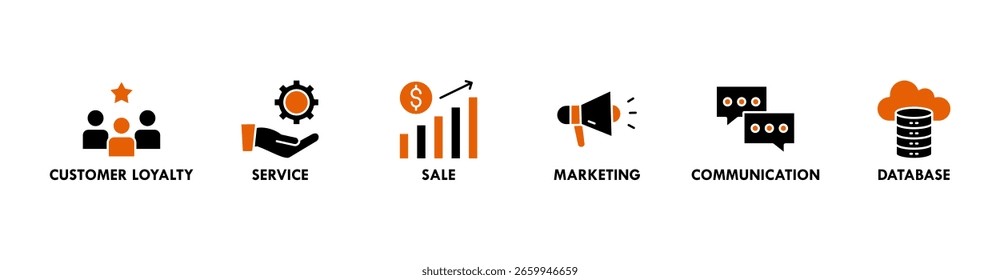 CRM banner web icon vector illustration concept for customer relationship management with icon of customer loyalty, service, sale, marketing, communication, and database
