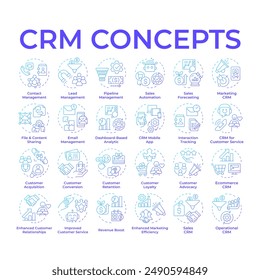 Iconos de concepto de degradado azul CRM. Sistema de gestión de relaciones Cliente. datos del Cliente. Herramienta de software. Inteligencia de negocios. Paquete de iconos. Imágenes vectoriales. Ilustraciones de forma redonda. idea Abstractas