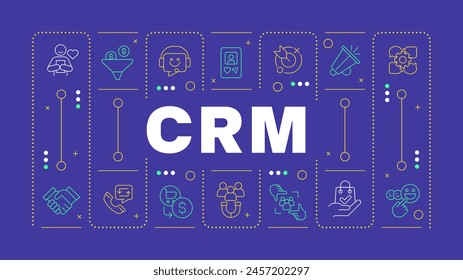 CRM blue word concept. Customer relationships. Email management, advanced analytics. Horizontal vector image. Headline text surrounded by editable outline icons