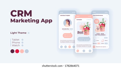CRM cartoon smartphone interface vector templates set. Mobile app screen page day mode design. E commerce agency. Online marketing UI for application. Phone display with flat character