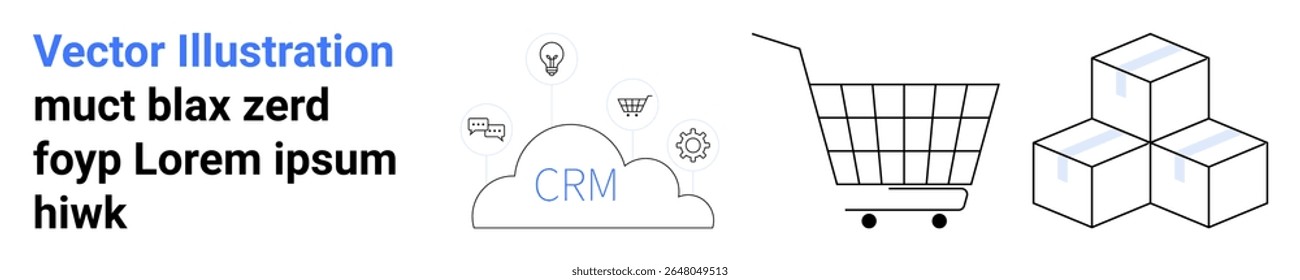 Elementos de comércio eletrônico de conexão em nuvem do CRM, incluindo um carrinho de compras, caixas e ícones. Ideal para varejo on-line, gerenciamento de clientes, marketing digital, logística, plataformas de comércio eletrônico, vendas