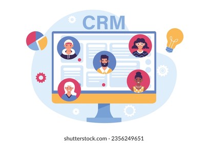 CRM at computer concept. Customer relationship management. Team working at business project or start up. Partnership and teamwork. Marketing on Internet. Cartoon flat vector illustration
