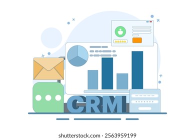 CRM concept for business, customer relationship management. Business uses CRM software to manage customers, Business analytics, CRM technology, vector illustration with icons on background.