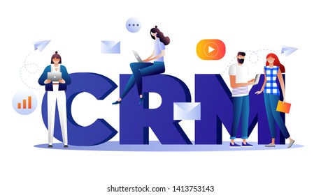 CRM CONCEPT. CUSTOMER RELATIONSHIP MANAGEMENT. Business system solution. Client support vector illustration concept with characters