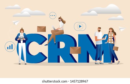 CRM CONCEPT. CUSTOMER RELATIONSHIP MANAGEMENT. Business system solution. Client support vector illustration concept with characters