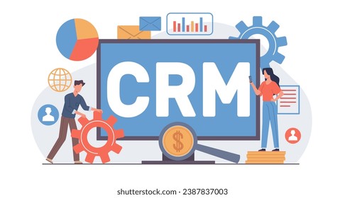 CRM Concept. Customer relationship management. Service and relationship marketing strategy. Tiny people and computer screen, e-commerce application. Vector cartoon flat isolated illustration