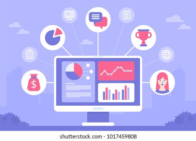 CRM concept design. Flat icons of accounting system, clients, support, deal. Organization of data on work with clients, Customer Relationship Management. Vector elements. 