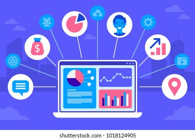 CRM concept design. Flat icons of accounting system, clients, support, deal. Organization of data on work with clients, Customer Relationship Management. Vector elements. 