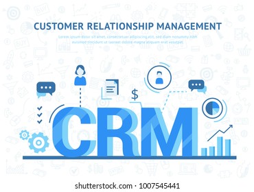 CRM concept design with vector elements. Organization of data on work with clients, Customer Relationship Management. Flat icons of accounting system, clients, support, deal.