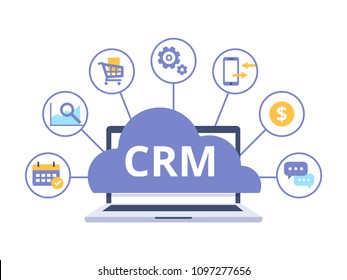 CRM concept design with vector elements. Flat icons of accounting system, planning tasks, support, deal. Organization of data on work with clients, Customer Relationship Management.