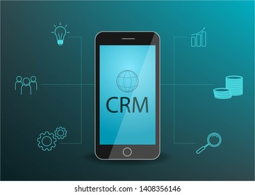 CRM concept design with vector elements. Flat icons of accounting system, graphics, clients, support, deal. Organization of data on work with clients, Customer Relationship Management.