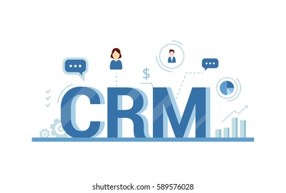 CRM concept design with vector elements. Flat icons of accounting system, clients, support, deal. Organization of data on work with clients, Customer Relationship Management.