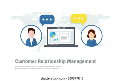 CRM concept design with vector elements. Flat icons of accounting system, clients, support, deal. Organization of data on work with clients, Customer Relationship Management.
