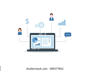 CRM concept design with vector elements. Flat icons of accounting system, clients, support, deal. Organization of data on work with clients, Customer Relationship Management.