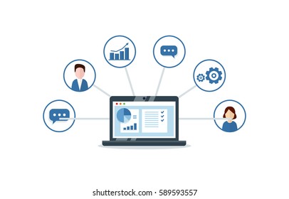 CRM concept design with vector elements. Flat icons of accounting system, clients, support, deal. Organization of data on work with clients, Customer Relationship Management.