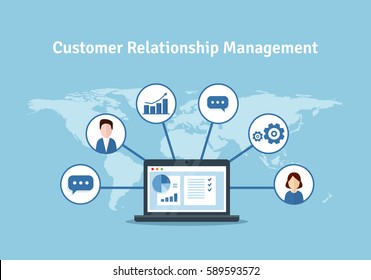CRM concept design with vector elements. Flat icons of accounting system, clients, support, deal. Organization of data on work with clients, Customer Relationship Management.