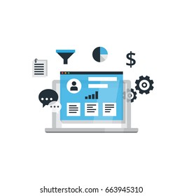 CRM concept design with vector elements. Flat icons of accounting system, clients, support, deal. Organization of data on work with clients, Customer Relationship Management.