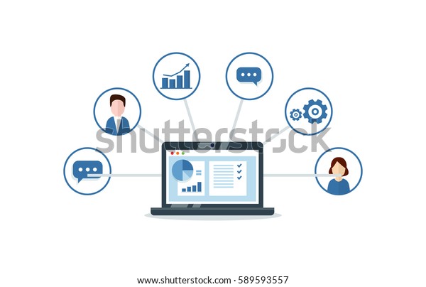 CRM concept\
design with vector elements. Flat icons of accounting system,\
clients, support, deal. Organization of data on work with clients,\
Customer Relationship\
Management.