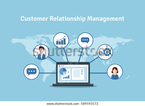 CRM concept\
design with vector elements. Flat icons of accounting system,\
clients, support, deal. Organization of data on work with clients,\
Customer Relationship\
Management.