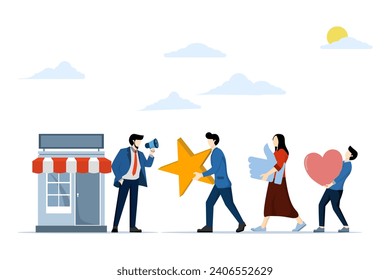 CRM concept to increase sales and satisfaction, customer loyalty or retention, marketing strategy for customers, shop owner with megaphone notifying customer loyalty with brand positive feedback.