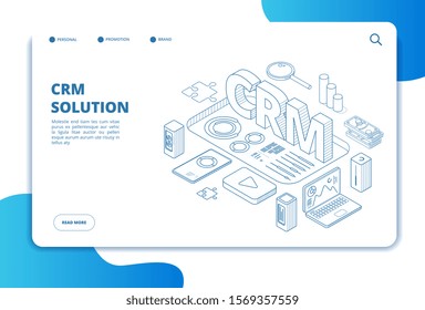 Crm concept. Online customer relationship management. Marketing system solution. Business client support. Isometric landing page