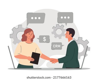 concepto de contrato CRM. El hombre y la mujer dan la mano, negociaciones exitosas. Gestión de las relaciones con el cliente. Métodos modernos de comercialización y promoción de mercancías. Dibujo vectorial plano de dibujos animados