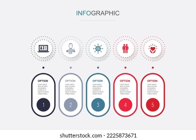 CRM, cliente, administración, relación, íconos de cuidado Plantilla de diseño infográfico. Concepto creativo con 5 pasos