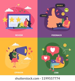CRM customer relationship management 2x2 design concept with doodle style compositions of pictogram images and people vector illustration