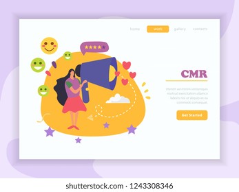 CRM customer relationship management background with cartoon style images decorative artwork symbols with get started button vector illustration