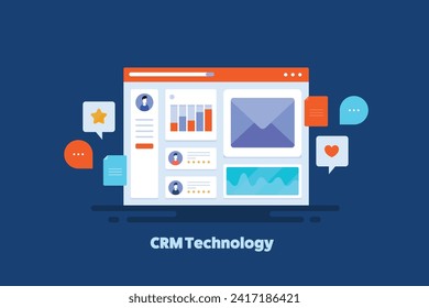 CRM - customer relationship management, business using CRM software for managing customers, CRM software displaying customer data - vector illustration background