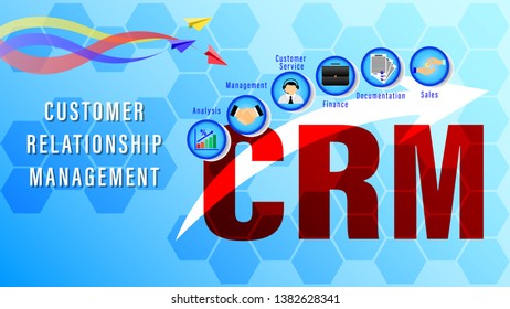 CRM. Customer Relationship Management. Chart with keywords and icons on on a blue background with hexagons in the form of honeycombs. Horizontal flat style vector Illustration