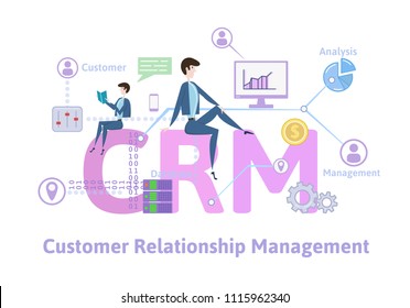 CRM, customer relationship management. Concept with keywords, letters and icons. Colored flat vector illustration on white background.