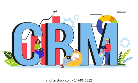 CRM or customer relationship management concept. Client support and database analysis. Marketing strategy. Isolated vector flat illustration