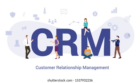 crm customer relationship management concept with big word or text and team people with modern flat style - vector