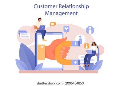 CRM or customer relationship management concept set. Client attracting and guiding. Customer experience and approval analysis. Marketing strategy. Flat vector illustration